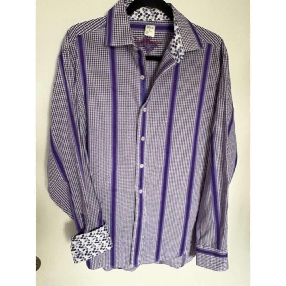 Robert Graham Mens Purple Gingham Striped Shirt Flip Cuff Button Down Medium